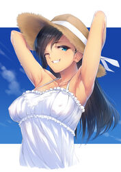  ;) aqua_eyes armpits arms_behind_head arms_up bad_id bad_pixiv_id bare_shoulders black_hair blue_sky blush breasts cloud collarbone commentary_request covered_nipples day dress dripping female framed_breasts frilled_dress frills grin hat hat_ribbon highres kanata_(kanata_onion) long_hair looking_at_viewer no_bra oerba_yun_fang one_eye_closed original outdoors outside_border photoshop_(medium) ribbon shiny_skin sky sleeveless sleeveless_dress smile solo straw_hat sundress sweat tan upper_body white_dress 