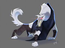  2023 black_cloak black_clothing black_sclera bottomwear canid canine canis cloak clothing death_(puss_in_boots) digital_media_(artwork) digitigrade dreamworks fangs feral fur grey_background grey_body grey_fur grin hi_res krossan_(artist) lineless male mammal pants paws puss_in_boots_(dreamworks) quadruped red_eyes simple_background smile solo teeth white_body white_fur wolf 