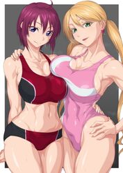  2girls ahoge armpits bare_shoulders bikini black_bikini blonde_hair blue_eyes blush breasts cleavage collarbone commentary_request commission covered_navel cowboy_shot earrings eyebrows_hidden_by_hair green_eyes groin gundam gundam_seed gundam_seed_destiny gundam_tekketsu_no_orphans hair_between_eyes hand_on_another&#039;s_back hand_on_another&#039;s_shoulder hand_on_own_hip head_tilt heart heart_earrings highres jewelry lafter_frankland large_breasts long_hair looking_at_viewer lunamaria_hawke midriff multiple_girls navel one-piece_swimsuit ozaneko parted_lips partial_commentary pink_one-piece_swimsuit red_bikini red_hair short_hair side-by-side sidelocks simple_background skeb_commission smile sports_bikini standing swimsuit twintails two-tone_bikini wet 