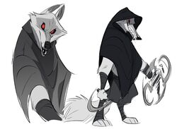  2023 anthro biped black_cloak black_clothing black_sclera bottomwear canid canine canis cloak clothing countershade_face countershading death_(puss_in_boots) digital_media_(artwork) digitigrade dreamworks fangs fur grey_body grey_fur grin hi_res holding_object holding_weapon krossan_(artist) looking_at_viewer male mammal multiple_poses pants paws pose puss_in_boots_(dreamworks) red_eyes sickle side_view simple_background smile solo spinning_weapon standing teeth weapon white_background white_body white_fur wolf 