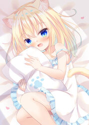  animal_ear_fluff animal_ears blonde_hair blue_eyes camisole cat_ears cat_girl commission female frilled_camisole frills hugging_object lolicon looking_at_viewer lying medium_hair on_side open_mouth original pillow pillow_hug pixiv_commission strap_slip umi_suzume white_camisole 