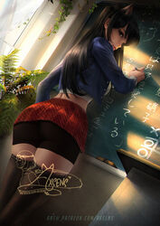  animal_ear_fluff axsen banned_artist bike_shorts black_eyes black_hair black_legwear black_shorts blue_jacket chalkboard character_request classroom closed_mouth crop_top cropped_jacket diagonal-striped_skirt dutch_angle female highres holding indoors jacket long_hair long_sleeves looking_at_viewer looking_back midriff miniskirt open_clothes open_jacket pleated_skirt red_skirt shiny shiny_hair shirt short_shorts shorts shorts_under_skirt signature skirt solo straight_hair thighhighs very_long_hair watermark white_shirt 