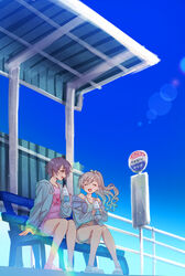  2girls 8n0_g ^_^ ^o^ asymmetrical_bangs bare_legs bench blue_jacket blue_sky bottle braid braided_bangs bus_stop bus_stop_sign closed_eyes full_body highres hisakawa_hayate holding holding_bottle hood hooded_jacket idolmaster idolmaster_cinderella_girls jacket jacket_partially_removed looking_at_another multiple_girls on_bench otokura_yuuki ponytail short_hair shorts sitting sky soda soda_bottle sola-iris_(idolmaster) wavy_hair 