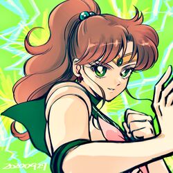  bishoujo_senshi_sailor_moon brown_hair clenched_hand close-up commentary dated female fighting_stance gloves hana_(haruharu-michimichi83) highres kino_makoto looking_at_viewer magical_girl ponytail sailor_collar sailor_jupiter sailor_senshi_uniform solo symbol-only_commentary white_gloves 