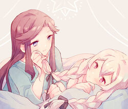  2girls alternate_hairstyle arm_support black_ribbon blanket blonde_hair blue_pajamas blush braid brown_hair closed_mouth commentary_request eye_contact fingernails grey_background hair_between_eyes hair_down hair_ribbon hand_in_another&#039;s_hair hand_up holding holding_another&#039;s_hair long_hair looking_at_another lying multiple_girls on_side on_stomach pajamas parted_bangs pillow pink_eyes pink_shirt purple_eyes ribbon saijou_claudine shirt shoujo_kageki_revue_starlight sidelocks sleeveless sleeveless_shirt sleeves_past_elbows smile star_(symbol) tendou_maya twin_braids under_covers wato_(ko) yuri 