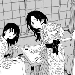  2girls card chair closed_mouth cup greyscale highres japanese_clothes kimono long_hair long_sleeves looking_at_viewer mole mole_under_eye monochrome muji_(uimss) multiple_girls obi open_mouth original playing_card print_kimono ryokan sash shima_(pattern) smile table teacup v yukata 