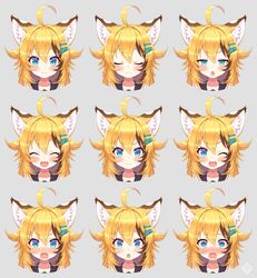  &gt;:( :d :o ;d ^_^ ahoge angry animal_ear_fluff animal_ears black_sailor_collar blonde_hair blush brown_hair chestnut_mouth closed_eyes closed_mouth collarbone commentary_request cropped_shoulders expressionless expressions facing_viewer fangs female grey_background hair_between_eyes hair_ornament hairclip happy highres long_hair looking_at_viewer multiple_views nose_blush oerba_yun_fang one_eye_closed open_mouth original recurring_image sad sailor_collar simple_background smile straight-on tearing_up tears tiger_ears tsuji v-shaped_eyebrows variations 