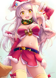  :d absurdres arm_up armpits bare_shoulders bell belt breasts breasts_apart chiyosuke_(nosuke21) christmas commentary_request cowboy_shot crop_top detached_sleeves eve_santaclaus female gradient_background hat highres idolmaster idolmaster_cinderella_girls idolmaster_cinderella_girls_starlight_stage long_hair looking_at_viewer medium_breasts midriff miniskirt navel open_mouth red_hat red_skirt santa_hat scarf skirt sleeveless smile solo thighhighs twitter_username white_hair yellow_eyes yellow_thighhighs zettai_ryouiki 