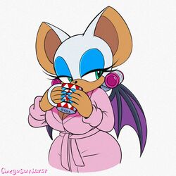  1:1 2020 anthro bat bat_wings big_breasts blue_eyeshadow blue_nails breasts classic_sonic_(universe) cleavage clothed clothing coffee_mug colored_nails digital_media_(artwork) drinking eyeshadow female hair hair_curlers half-closed_eyes hi_res makeup mammal membrane_(anatomy) membranous_wings nails narrowed_eyes omegasunburst pink_clothing purple_wings robe rouge_the_bat sega simple_background solo sonic_the_hedgehog_(series) tan_body tan_skin teal_eyes white_background white_hair wide_hips wings 