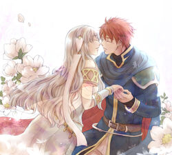  1boy belt blue_cape blue_dress blue_hair cape closed_eyes couple dress eliwood_(fire_emblem) facing_another female fire_emblem fire_emblem:_the_blazing_blade flower holding_hands imminent_kiss isa_(chiyo-s) light_blue_hair long_hair ninian_(fire_emblem) red_hair straight white_flower 