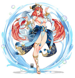  :d aqua_eyes areola_slip artist_logo bayeuxman breasts bubble commentary_request detached_sleeves fake_horns female full_body genshin_impact gladiator_sandals gold_trim hand_up highres horns legs long_hair nilou_(genshin_impact) open_mouth sandals sideboob simple_background smile solo strap_gap thighlet twintails variant_set very_long_hair white_background white_headwear 