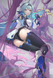  absurdres ass ass_focus blue_eyes breasts eula_(genshin_impact) female full_body genshin_impact gloves hairband high_heels highres huge_ass large_breasts leotard restrained sail_(apha7775) slime_(substance) solo song_of_broken_pines_(genshin_impact) sword thick_thighs thigh_strap thighhighs thighs weapon 