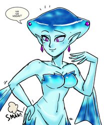  animal_humanoid blue_body blue_skin blush breasts butt_slap cleavage clothed clothing ear_piercing english_text eyebrows female fish fish_humanoid humanoid hyrule_warriors marine marine_humanoid navel nicki_minaj nintendo ocarina_of_time piercing princess_ruto purple_eyes raised_eyebrow royalty simple_background slap slapping_own_butt slapping_self smile text the_legend_of_zelda theeyzmaster white_background zora 