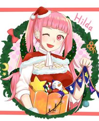  candy candy_cane character_name christmas christmas_ornaments commentary_request female fire_emblem fire_emblem:_three_houses food fur_trim hat highres hilda_valentine_goneril long_hair mini_hat one_eye_closed open_mouth otokajife pink_eyes pink_hair pom_pom_(clothes) protected_link red_hat santa_costume santa_hat solo star_(symbol) twintails upper_body 