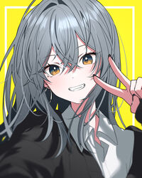  amopui bad_id bad_pixiv_id black_nails blurry_vision brown_eyes clothing_request collared_shirt commentary earrings female framed grey_hair hair_between_eyes hand_up highres jewelry long_hair long_sleeves looking_at_viewer nail_polish original shirt simple_background smile solo symbol-only_commentary teeth upper_body v white_shirt yellow_background 