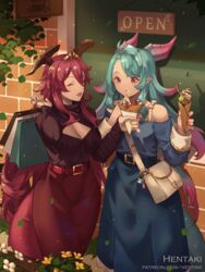  2girls :d :t ^_^ artist_name bag bare_shoulders belt belt_buckle black_belt black_shirt blue_hair blue_shirt blue_skirt breasts brick_wall buckle cleavage cleavage_cutout closed_eyes closed_mouth clothing_cutout collarbone commentary crepe dragalia_lost dragon_girl dragon_horns dragon_tail eating english_commentary flower food fruit hair_between_eyes hentaki highres holding holding_bag holding_food horns humanoid_mercury_(dragalia_lost) long_hair medium_breasts multicolored_hair multiple_girls mym_(dragalia_lost) oerba_yun_fang off-shoulder_shirt off_shoulder open_mouth paper_bag pleated_skirt purple_hair red_hair red_skirt shirt shopping_bag shoulder_bag sign skirt smile strawberry streaked_hair tail very_long_hair watermark web_address white_flower window yellow_flower 