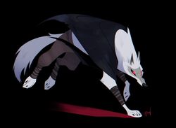  2023 black_background black_sclera bottomwear canid canine canis cloak clothing death_(puss_in_boots) digital_media_(artwork) dreamworks feral fur grey_body grey_fur hi_res krossan_(artist) lineless male mammal pants puss_in_boots_(dreamworks) quadruped red_eyes simple_background solo white_body white_fur wolf 