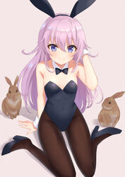  animal_ears black_bow black_bowtie black_footwear black_leotard black_pantyhose blue_eyes bow bowtie breasts detached_collar fake_animal_ears female furutori grey_background highres leotard looking_at_viewer original pantyhose pink_hair playboy_bunny rabbit rabbit_ears rabbit_tail simple_background sitting small_breasts solo strapless strapless_leotard tail wariza wrist_cuffs 