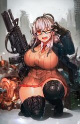  assault_rifle black-framed_eyewear black_gloves black_legwear breasts curvy female glasses gloves gun harusame-r huge_breasts one_eye_closed original red_eyes rifle skirt smile thick_thighs thighhighs thighs weapon 