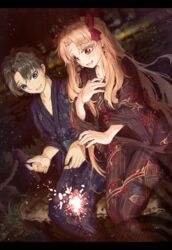  1boy :d alternate_costume black_kimono blonde_hair blue_eyes bow brown_hair chaldea_logo collarbone commentary day dutch_angle earrings ereshkigal_(fate) fate/grand_order fate_(series) female floating_hair floral_print fujimaru_ritsuka_(male) hairbow highres japanese_clothes jewelry kimono long_hair long_sleeves night open_mouth outdoors print_kimono red_bow red_eyes ru_251 sitting smile very_long_hair wide_sleeves yukata 