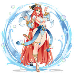  :d aqua_eyes areola_slip artist_logo bayeuxman breasts bubble commentary_request detached_sleeves fake_horns female full_body genshin_impact gladiator_sandals gold_trim hand_up highres horns legs long_hair nilou_(genshin_impact) open_mouth sandals sideboob simple_background smile solo thighlet twintails variant_set very_long_hair white_background white_headwear 