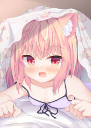  animal_ear_fluff animal_ears blonde_hair blush camisole cat_ears cat_girl female looking_at_viewer lying oerba_yun_fang on_stomach open_mouth original red_eyes strap_slip umi_suzume under_covers 