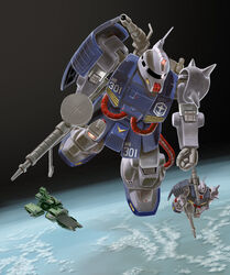  clenched_hand flying glowing glowing_eye graphite_(medium) gun gundam gundam_msv holding holding_gun holding_weapon looking_to_the_side mecha nagase_mizuchi no_humans one-eyed planet robot shoulder_cannon spacecraft traditional_media weapon white_eyes zaku_cannon 