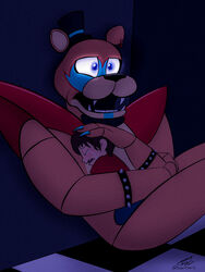  3:4 animatronic anthro bear bodily_fluids crying duo five_nights_at_freddy&#039;s five_nights_at_freddy&#039;s:_security_breach glamrock_freddy glowing glowing_eyes gregory_(fnaf) hi_res hiding hug human lights_off lolicon machine male mammal protecting robot scared scott_cawthon scottgames sherbertberrybear steel_wool_studios tears young young_human 