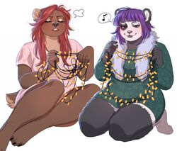  anthro bear boa_(clothing) christmas christmas_lights clothing countershading digital_media_(artwork) duo female giant_panda hair holidays mammal nsfwzhenya opal_(jellydoeopal) sun_bear ursine 