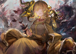  absurdres blonde_hair breasts bug butterfly butterfly_on_hand cape colored_eyelashes dress female highres ike_seika isabeau_de_baviere_(madoka_magica) jewelry jitome large_breasts light_particles light_smile long_hair long_sleeves magical_girl mahou_shoujo_madoka_magica mahou_shoujo_tart_magica mature_female necklace open_mouth parted_lips queen ring robe royal_robe solo teeth yellow_eyes 