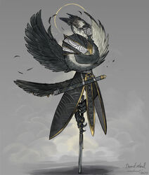  2022 accessory accipitrid accipitriform anthro avian beak belt bird black_beak black_body black_feathers dated digit_ring digital_media_(artwork) feathered_wings feathers feet fog furgonomics halo jewelry looking_forward loose_feather male melee_weapon perched ring scabbard shadow signature solo sword sword_in_ground tail tail_accessory tail_jewelry tail_ring themefinland toe_ring toes weapon white_body white_feathers wings yellow_eyes 