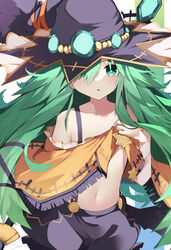  absurdres arm_behind_back black_skirt blush broom commentary_request crop_top date_a_live expressionless female gem green_eyes green_gemstone green_hair hair_over_one_eye hand_up hat highres holding holding_broom jam_(jamjam777) lifting_own_clothes long_hair looking_at_viewer messy_hair natsumi_(date_a_live) navel open_mouth poncho skirt skort solo star_(symbol) staring suspender_skirt suspenders very_long_hair witch witch_hat 