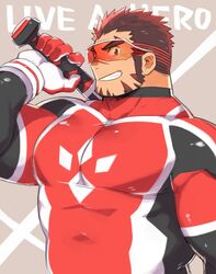  1boy akashi_(live_a_hero) bara bodysuit facial_hair gloves goatee gradient_hair kuro_nezumi_inu large_pectorals live_a_hero long_sideburns male_focus multicolored_hair muscular muscular_male pectorals red_bodysuit red_eyes red_hair short_hair sideburns skin_tight solo superhero_costume thick_eyebrows tight_clothes upper_body 