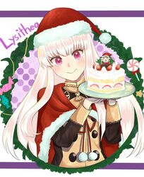  cake candy cape character_name closed_mouth commentary_request female fire_emblem fire_emblem:_three_houses food fruit fur_trim garreg_mach_monastery_uniform hat highres holding long_hair long_sleeves lysithea_von_ordelia otokajife pink_eyes pom_pom_(clothes) protected_link red_hat santa_hat smile solo sothis_(fire_emblem) strawberry uniform upper_body white_hair 