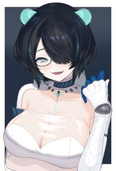  android black-framed_eyewear black_hair blue_eyes border breasts cleavage collarbone commentary english_commentary erina_makina female glasses green_hair highres large_breasts lazycoffee_(wyen_iscordo) looking_to_the_side mechanical_arms multicolored_hair phase_connect portrait_(object) see-through see-through_cleavage semi-rimless_eyewear short_hair smile solo streaked_hair under-rim_eyewear virtual_youtuber 