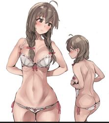  bra braid breasts brown_eyes brown_hair butt_crack cleavage cowboy_shot female kantai_collection large_breasts long_hair lowleg lowleg_panties multiple_views panties shinshuu_maru_(kancolle) simple_background standing twin_braids underwear underwear_only white_background white_bra white_panties yukiguni_yuu 