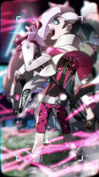  1boy belt bike_shorts black_hair blurry boots commentary_request cropped_jacket eyeshadow framed from_side green_eyes grey_eyeshadow highres holding holding_microphone jacket kagio_(muinyakurumi) kneepits long_hair looking_to_the_side makeup male_focus microphone microphone_stand multicolored_hair music obstagoon open_mouth pale_skin piers_(pokemon) pokemon pokemon_(creature) pokemon_swsh shirt singing standing teeth two-tone_hair upper_teeth_only viewfinder white_hair white_jacket 