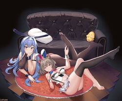  2girls absurdres animal_ears arm_strap azur_lane bare_legs bare_shoulders barefoot black_leotard black_pantyhose black_thighhighs blue_eyes blue_hair bodystocking breasts brown_hair cleavage feet feet_up hands_on_feet highres holding_another&#039;s_foot leg_up legs leotard long_hair luoloo multiple_girls navel new_jersey_(azur_lane) new_jersey_(exhilarating_steps!)_(azur_lane) no_shoes official_alternate_costume panties pantyhose playboy_bunny rabbit_ears san_francisco_(azur_lane) san_francisco_(funny_bunny!)_(azur_lane) see-through see-through_cleavage short_hair single_thighhigh soles thighhighs toes underwear 