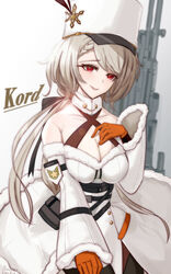  absurdres braid breast_hold breasts character_name cleavage closed_mouth coat female fur_hat girls&#039;_frontline gloves gun hair_ribbon hat highres kord_(girls&#039;_frontline) kord_6p50 lips long_hair looking_at_viewer medium_breasts orange_gloves papakha platinum_blonde_hair priest77 red_eyes ribbon rifle smile solo weapon white_background white_coat white_hat winter_clothes winter_coat 