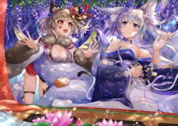  2girls animal_ears azur_lane bare_shoulders breasts flower fox_ears fox_tail fur-trimmed_kimono fur_collar fur_trim grey_hair highres japanese_clothes kimono large_breasts long_hair long_sleeves lotus miniskirt multiple_girls open_mouth orange_eyes outdoors pink_flower pleated_skirt purple_eyes purple_flower red_skirt shinano_(azur_lane) short_hair skirt small_breasts suzutsuki_(azur_lane) tail thighhighs very_long_hair werewolf_kg white_hair white_skirt white_thighhighs wide_sleeves wisteria 