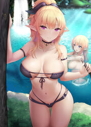  2girls arm_strap bare_shoulders bikini black_bikini black_choker blonde_hair breasts choker cleavage collarbone cowboy_shot day elf front-tie_bikini_top front-tie_top hair_ribbon highres large_breasts long_hair looking_at_viewer mizuya_nao multiple_girls nature navel original outdoors pointy_ears pond ponytail purple_eyes ribbon sidelocks skindentation smile standing stomach string_bikini swimming swimsuit thigh_gap thighs water 