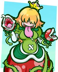  :d belly blonde_hair blue_background border breasts commentary_request covered_eyes crown dress facing_viewer female flipped_hair gradient_background green_background green_dress hair_over_eyes highres kafuka5364 long_hair long_tongue mario_(series) medium_breasts mini_crown multicolored_background new_super_mario_bros._u_deluxe open_mouth outside_border piranha_plant plant polka_dot polka_dot_hair polka_dot_skirt princess_piranha_plant puffy_short_sleeves puffy_sleeves red_skirt saliva shaded_face sharp_teeth short_sleeves simple_background skirt smile solo super_crown teeth thorns tongue tongue_out vines white_border 