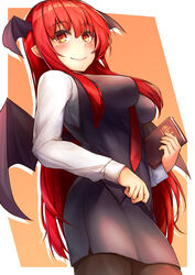  absurdres bat_wings between_breasts blush book breasts cowboy_shot female from_below head_wings highres holding holding_book koakuma long_hair marutenmaruten medium_breasts necktie necktie_between_breasts outline pantyhose red_eyes red_hair red_necktie sidelocks simple_background skirt smile solo touhou very_long_hair white_outline wings 