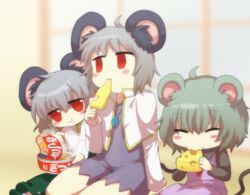  3girls :t animal_ears blush_stickers cheese chopsticks closed_eyes commentary cookie_(touhou) cup_ramen eating fake_nyon_(cookie) food grey_hair highres instant_udon kitsune_udon kofji_(cookie) maruchan_akai_kitsune_udon mouse_ears multiple_girls namatama_(7lemo_can) nazrin noodles nyon_(cookie) parody red_eyes sitting tail touhou udon 