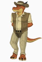  2019 3_toes absurd_res anthro belt biped bottomwear bulge claws clothed clothing cowboy_hat dress_shirt dungeons_and_dragons feet full-length_portrait hasbro hat headgear headwear hi_res horn kobold male matydraws_(artist) narrowed_eyes pants pecs portrait reptile scalie shirt simple_background slightly_chubby smile smirk smug solo standing teeth toes topwear vest wizards_of_the_coast 