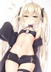  ahoge arm_up ass_visible_through_thighs bikini bikini_top_only black_coat black_shorts blonde_hair breasts brown_eyes check_commentary choker coat commentary_request female highres long_hair navel off_shoulder open_clothes open_coat original ribbon sekka-chan_(tomifumi) short_shorts shorts sleeves_past_wrists small_breasts swimsuit thigh_gap thigh_strap thighs tomifumi twintails unzipped very_long_hair 