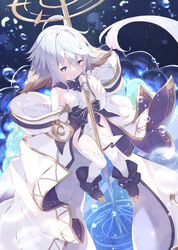  +_+ absurdres ahoge air_bubble animal_ears black_footwear blue_eyes blush boots breasts bubble closed_mouth detached_sleeves dress female granblue_fantasy hair_between_eyes harvin highres light_smile looking_at_viewer short_hair small_breasts solo ukiwakisen wamdus_(granblue_fantasy) white_dress 