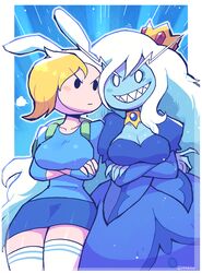  2girls absurdres adventure_time animal_ears animal_hood backpack bag blonde_hair blue_skin blue_skirt blush_stickers breasts colored_skin crossed_arms crown curvy fionna_campbell genderswap_(mtf) grin highres hood ice_queen_(adventure_time) jaggy_lines large_breasts long_hair multiple_girls planted planted_sword rabbit_ears rariatto_(ganguri) ribbed_sweater rivals rule_63 sharp_teeth skirt smile sweater sword teeth thick_thighs thighhighs thighs tongue tongue_out very_long_hair weapon white_hair white_legwear wide_hips 