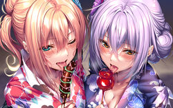  2girls ;p aqua_eyes ayase_kaya ayase_touka_(piromizu) blonde_hair blush breasts candy_apple chocolate_banana cleavage flower food hair_between_eyes hair_flower hair_ornament holding holding_food japanese_clothes kimono large_breasts licking long_hair looking_at_viewer multiple_girls one_eye_closed open_mouth piromizu purple_hair purple_kimono siblings sidelocks sistart! sisters smile tongue tongue_out white_kimono 