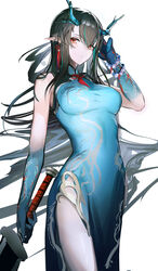  absurdres arknights arm_tattoo bead_bracelet beads black_hair bracelet breasts china_dress chinese_clothes colored_skin dress dusk_(arknights) dusk_(everything_is_a_miracle)_(arknights) earrings female green_dress green_skin hand_up highres hiyaori_(hiyahiyaval) holding holding_sword holding_weapon horns jewelry long_hair looking_at_viewer medium_breasts multicolored_hair official_alternate_costume pelvic_curtain pointy_ears red_eyes solo streaked_hair sword tassel tassel_earrings tattoo very_long_hair weapon 